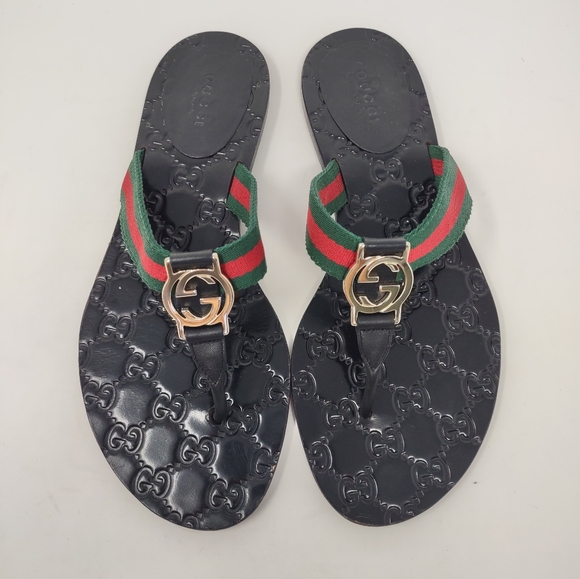 Gucci lifford 37.5 thong double G sandals leather logo ribbon flip flops - Picture 2 of 14